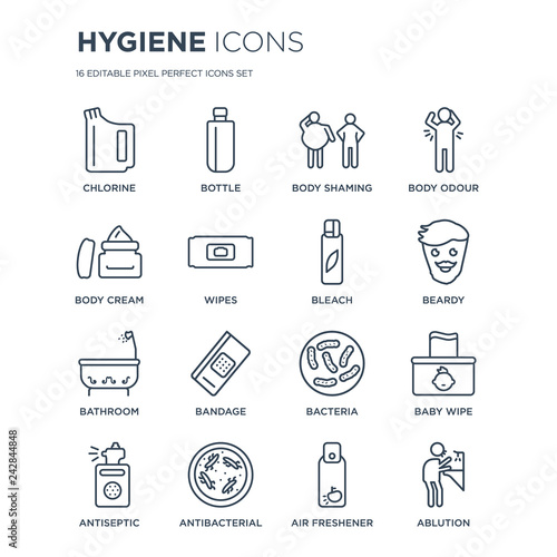 16 linear Hygiene icons such as Chlorine, Bottle, antibacterial, Antiseptic, baby wipe, ablution, body Cream modern with thin stroke, vector illustration, eps10, trendy line icon set.