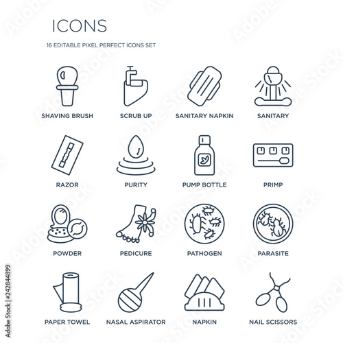 16 linear  icons such as Shaving brush, scrub up, Nasal aspirator, paper towel, parasite, Nail scissors, Razor modern with thin stroke, vector illustration, eps10, trendy line icon set.