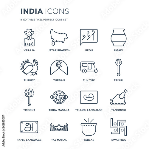 16 linear india icons such as Varaja, uttar pradesh, Taj mahal, tamil language, Tandoori, Swastica, Turkey modern with thin stroke, vector illustration, eps10, trendy line icon set.