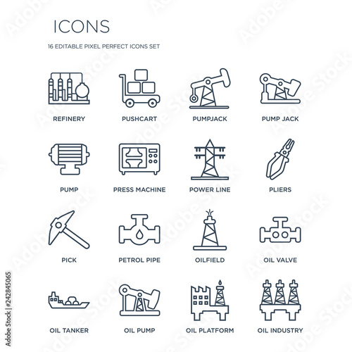 16 linear  icons such as Refinery, Pushcart, Oil pump, tanker, valve, industry, Pump, Pick, Power line modern with thin stroke, vector illustration, eps10, trendy icon set.