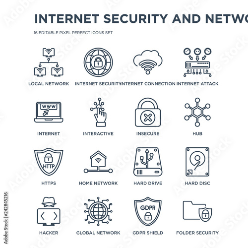 16 linear Internet Security and Networking icons such as Local network, internet security, Global Hacker modern with thin stroke, vector illustration, eps10, trendy line icon set.