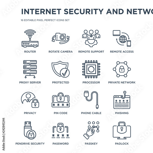 16 linear Internet Security and Networking icons such as Router, Rotate camera, Password, Pendrive security, Phishing modern with thin stroke, vector illustration, eps10, trendy line icon set.