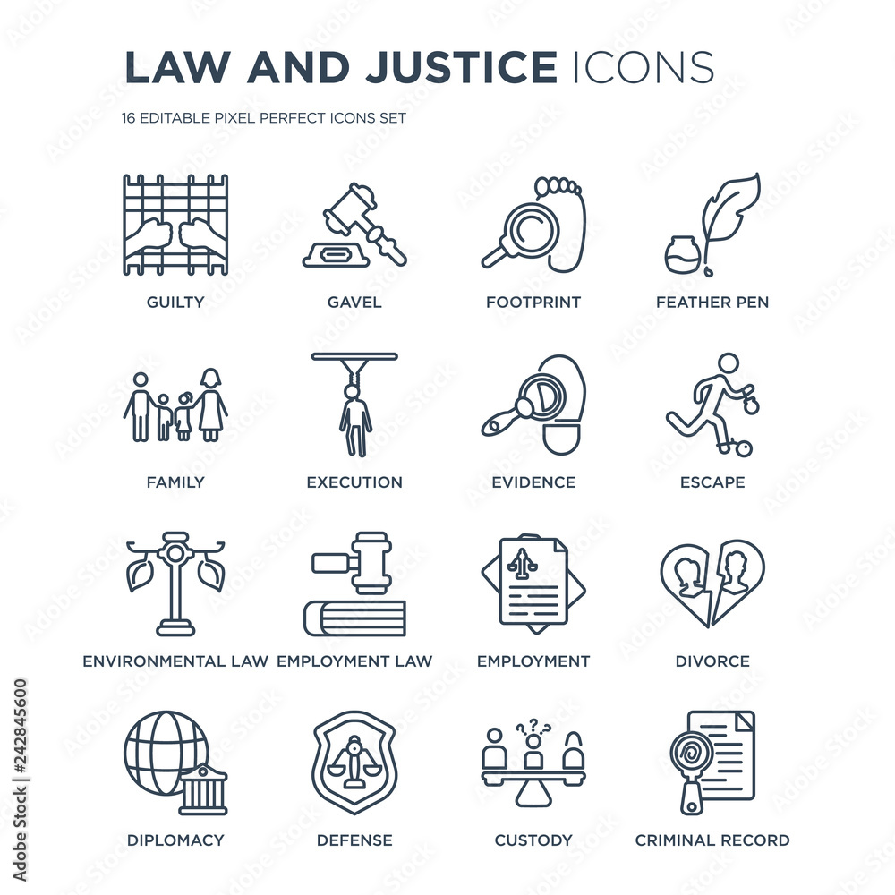 16 linear law and justice icons such as Guilty, Gavel, Defense, diplomacy, Divorce, Criminal record, Family modern with thin stroke, vector illustration, eps10, trendy line icon set.