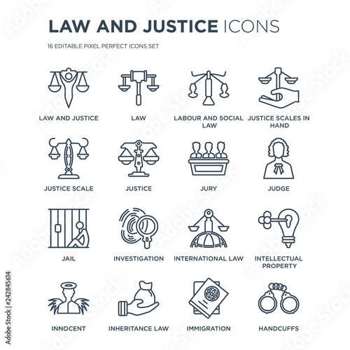16 linear law and justice icons such as justice, Law, inheritance law, Innocent, Intellectual property modern with thin stroke, vector illustration, eps10, trendy line icon set.