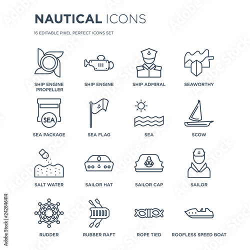 16 linear Nautical icons such as Ship Engine Propeller, Engine, Rubber Raft, Rudder, Sailor, Roofless Speed Boat modern with thin stroke, vector illustration, eps10, trendy line icon set.