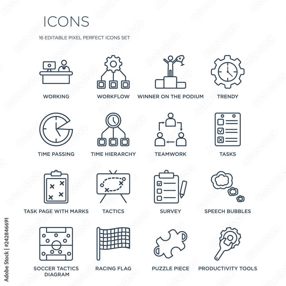 Fototapeta premium 16 linear icons such as Working, Workflow, Racing flag, Soccer tactics diagram, Speech bubbles, productivity Tools modern with thin stroke, vector illustration, eps10, trendy line icon set.