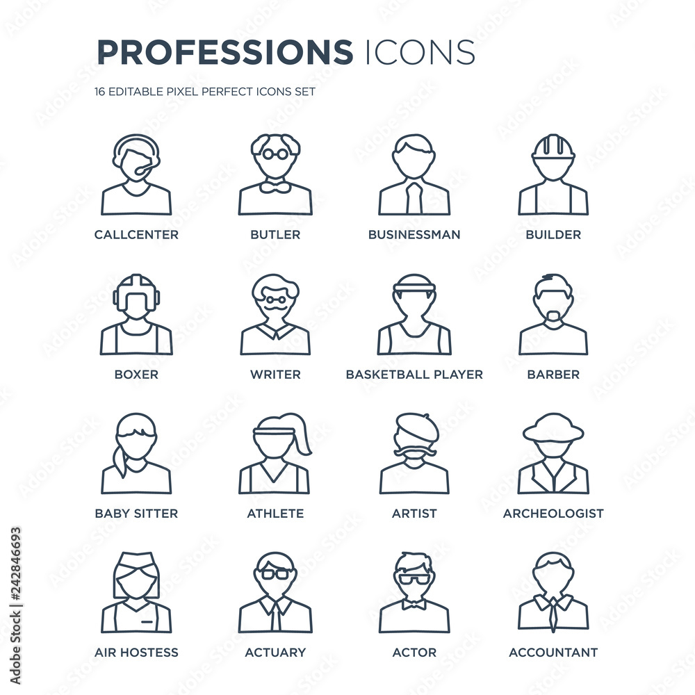 16 linear Professions icons such as Callcenter, Butler, Actuary, Air hostess, Archeologist, Accountant, Boxer modern with thin stroke, vector illustration, eps10, trendy line icon set. 16 linear Professions icons such as Callcenter, Butler, Actuary, Air hostess, Archeologist, Accountant, Boxer modern with thin stroke, vector illustration, eps10, trendy line icon set.