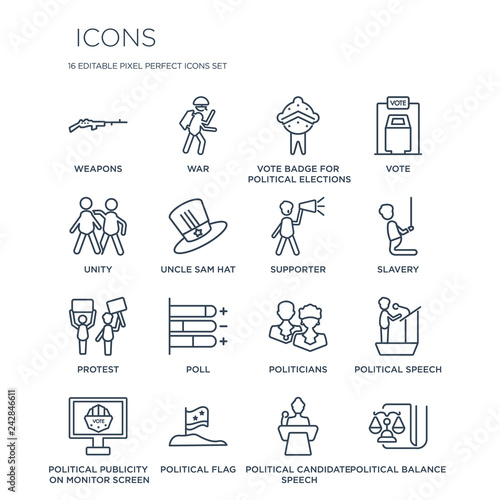 16 linear  icons such as Weapons, War, political Flag, Political publicity on monitor screen, Speech modern with thin stroke, vector illustration, eps10, trendy line icon set.