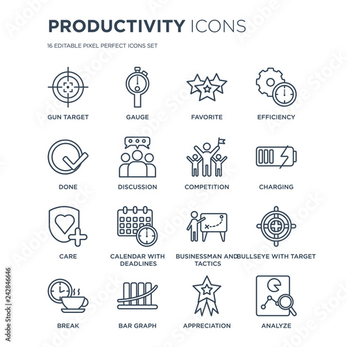 16 linear Productivity icons such as Gun target, Gauge, Bar Graph, Break, Bullseye with Analyze, Done modern thin stroke, vector illustration, eps10, trendy line icon set.