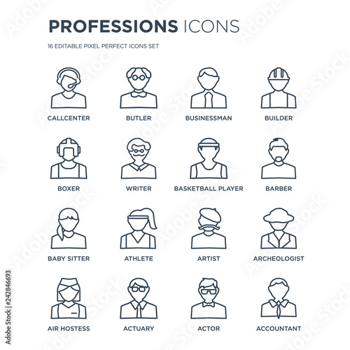 16 linear Professions icons such as Callcenter, Butler, Actuary, Air hostess, Archeologist, Accountant, Boxer modern with thin stroke, vector illustration, eps10, trendy line icon set.