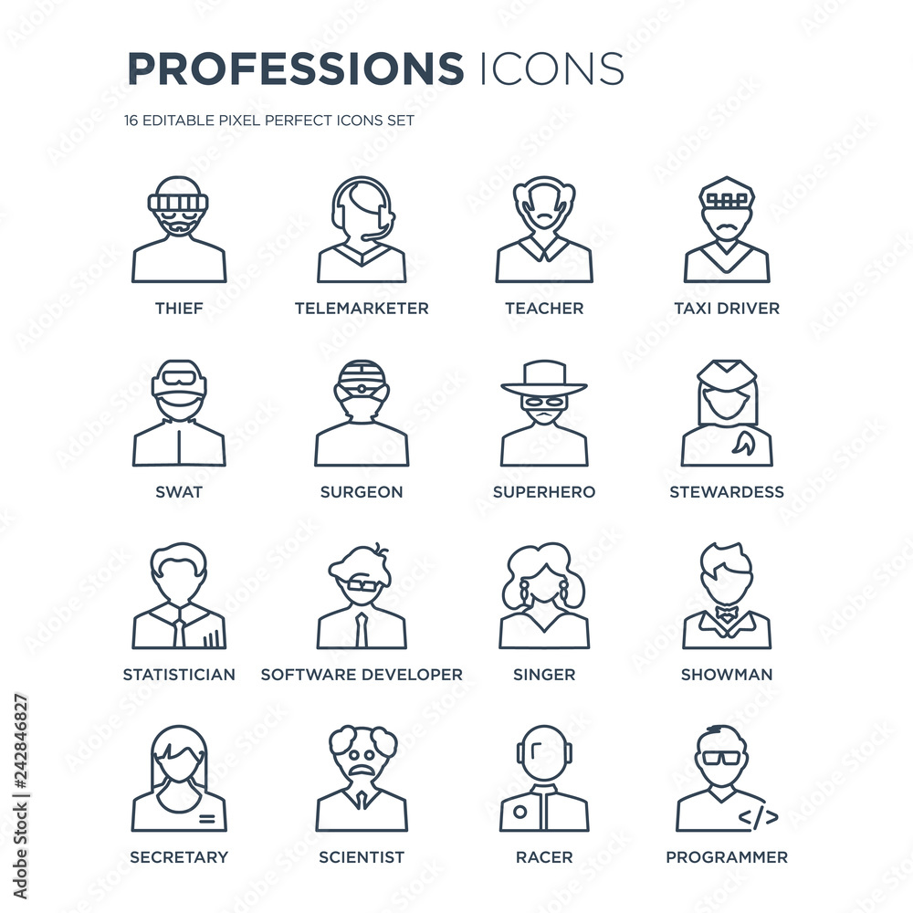 16 linear Professions icons such as Thief, Telemarketer, Scientist, secretary, Showman, Programmer, Swat modern with thin stroke, vector illustration, eps10, trendy line icon set. 16 linear Professions icons such as Thief, Telemarketer, Scientist, secretary, Showman, Programmer, Swat modern with thin stroke, vector illustration, eps10, trendy line icon set.