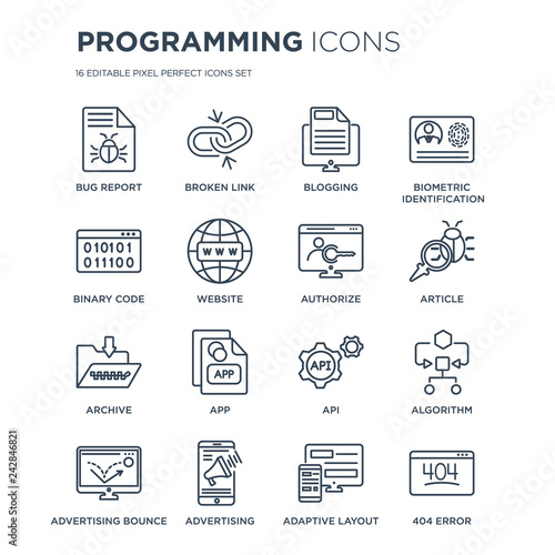 16 linear Programming icons such as Bug report, Broken link, Advertising, advertising Bounce, Algorithm, 404 error modern with thin stroke, vector illustration, eps10, trendy line icon set.