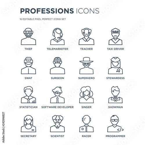 16 linear Professions icons such as Thief, Telemarketer, Scientist, secretary, Showman, Programmer, Swat modern with thin stroke, vector illustration, eps10, trendy line icon set.
