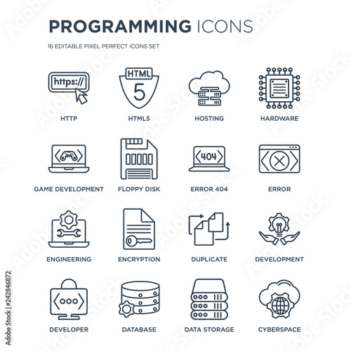 16 linear Programming icons such as Http, Html5, Database, Developer, Development, Cyberspace, Game development modern with thin stroke, vector illustration, eps10, trendy line icon set.