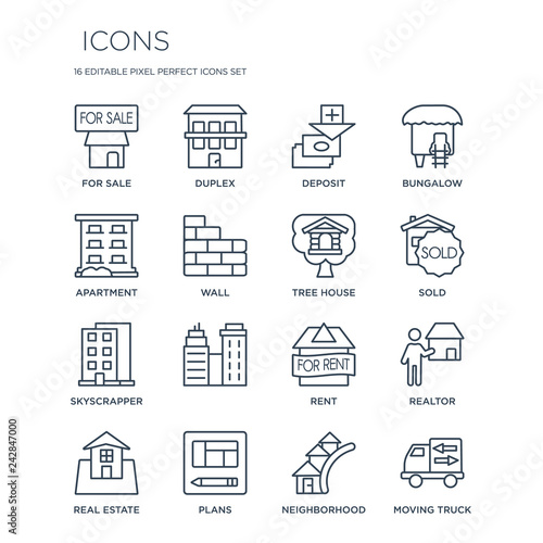 16 linear  icons such as For sale, Duplex, Plans, Real estate, Realtor, Moving truck, Apartment modern with thin stroke, vector illustration, eps10, trendy line icon set.