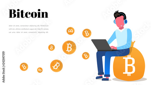 web page design templates for workflow, man with a laptop, coworking. Mining of crypto currency bitcoin. Modern vector illustration concepts for website and mobile website development.