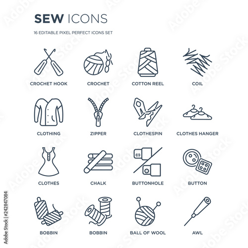 16 linear Sew icons such as crochet hook, Crochet, Bobbin, bobbin, Button, awl, Clothing, Clothes, Clothespin modern with thin stroke, vector illustration, eps10, trendy line icon set.