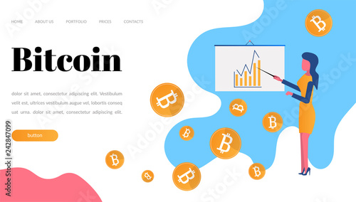 The girl analyzes the growth of crypto currency bitcoin. A lot of coins. Vector flat illustration in modern style, cartoon. Template for website, landing, Internet pages.