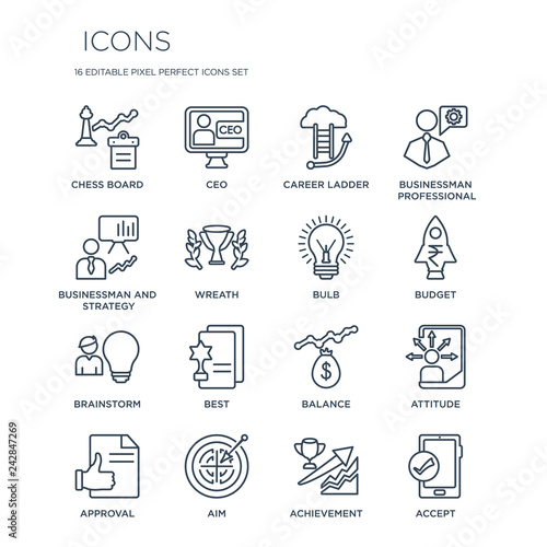 16 linear  icons such as Chess board, Ceo, Aim, Approval, Attitude, Accept, Businessman and strategy, Brainstorm, Bulb modern with thin stroke, vector illustration, eps10, trendy line icon set.