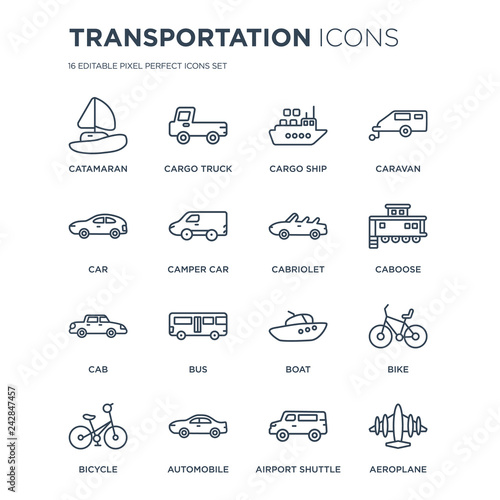 16 linear Transportation icons such as catamaran, Cargo truck, Automobile, Bicycle, Bike, Aeroplane, Car modern with thin stroke, vector illustration, eps10, trendy line icon set.