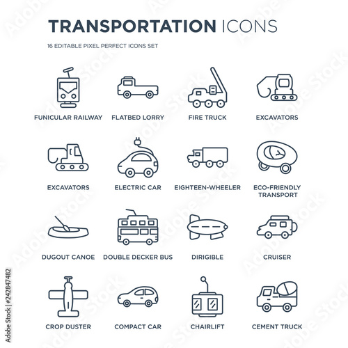 16 linear Transportation icons such as funicular railway, flatbed lorry, compact car, crop duster, Cruiser modern with thin stroke, vector illustration, eps10, trendy line icon set.