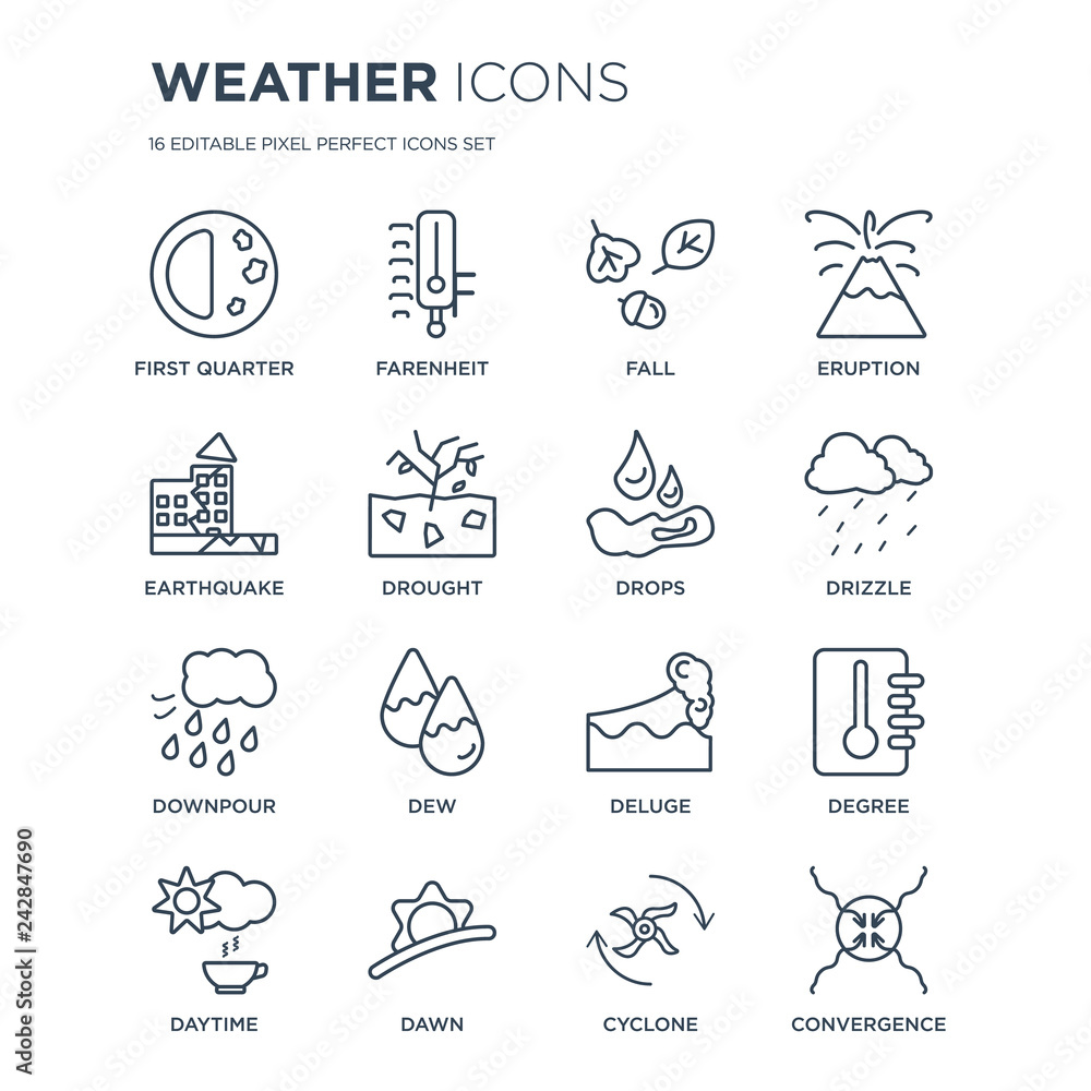 16 linear Weather icons such as First quarter, Farenheit, Dawn, Daytime, degree, convergence, Earthquake modern with thin stroke, vector illustration, eps10, trendy line icon set.