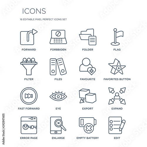 16 linear  icons such as Forward, Forbbiden, Enlarge, Error page, Expand, Edit, Filter, Fast forward, Favourite modern with thin stroke, vector illustration, eps10, trendy line icon set.