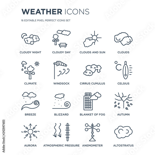 16 linear Weather icons such as Cloudy night, Day, atmospheric pressure, Aurora, Autumn, altostratus, Climate modern with thin stroke, vector illustration, eps10, trendy line icon set.