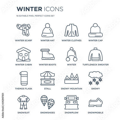 16 linear Winter icons such as winter Scarf, hat, Snowshoes, Snowsuit, Snowy, Snowmobile, Cabin modern with thin stroke, vector illustration, eps10, trendy line icon set.