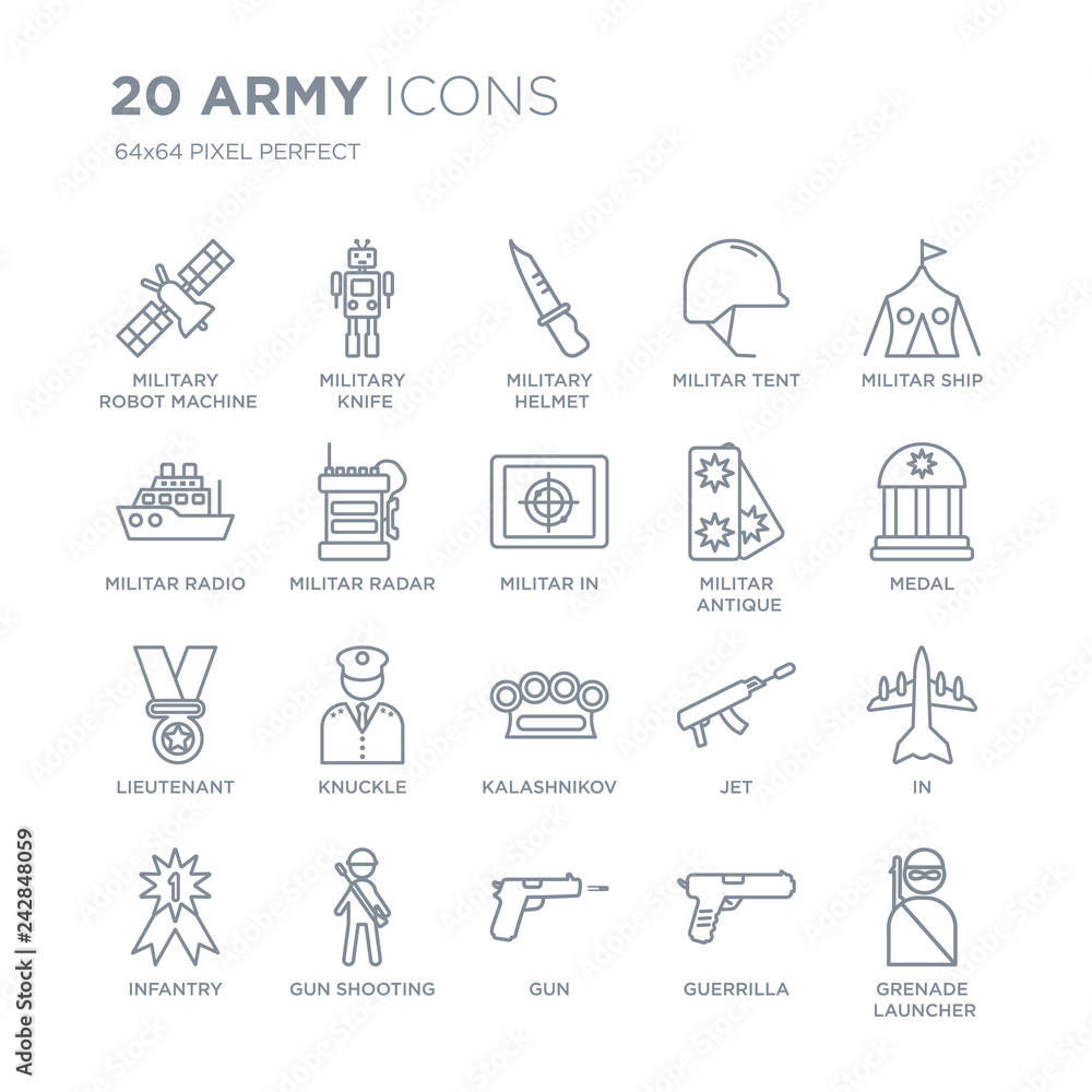 Collection of 20 Army linear icons such as Military robot machine, Knife, Gun, gun shooting, Infantry, militar ship line icons with thin line stroke, vector illustration of trendy icon set. Collection of 20 Army linear icons such as Military robot machine, Knife, Gun, gun shooting, Infantry, militar ship line icons with thin line stroke, vector illustration of trendy icon set.