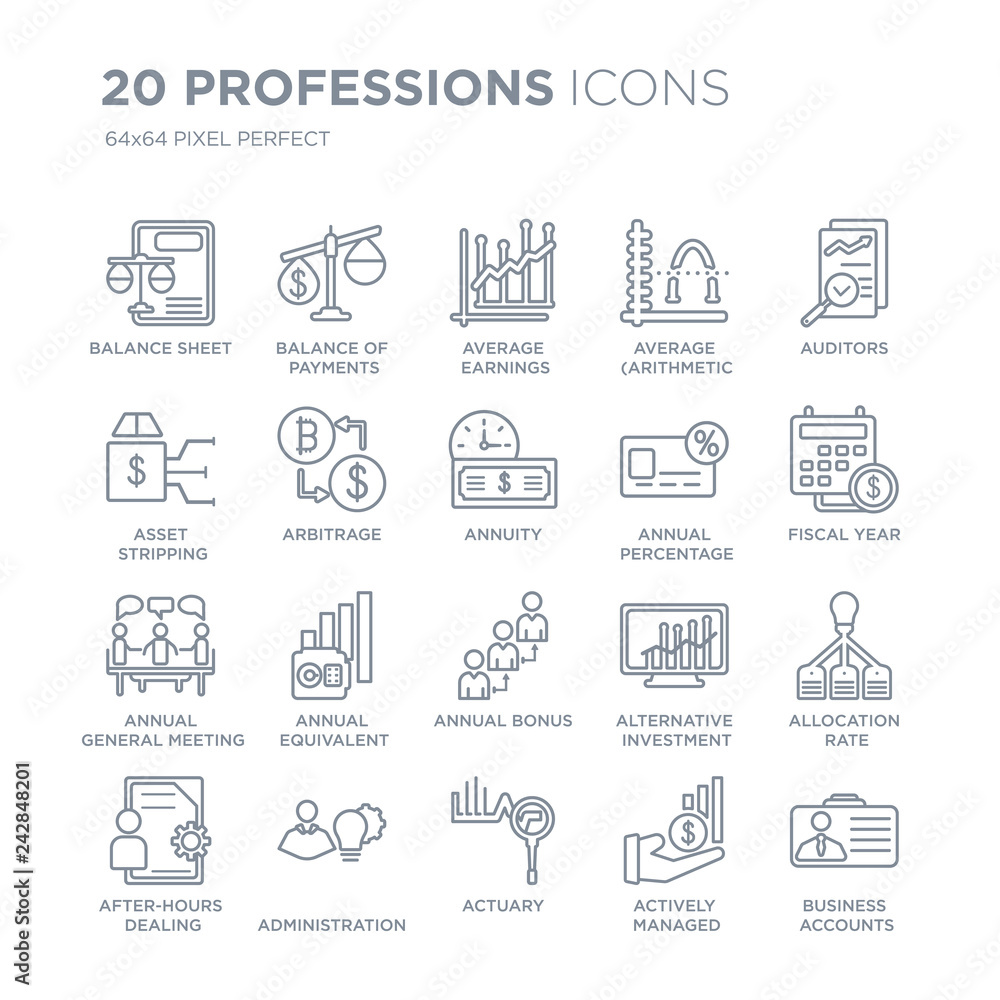 Fototapeta premium Collection of 20 Professions linear icons such as Balance sheet, payments, Actuary, Administration line icons with thin line stroke, vector illustration of trendy icon set.