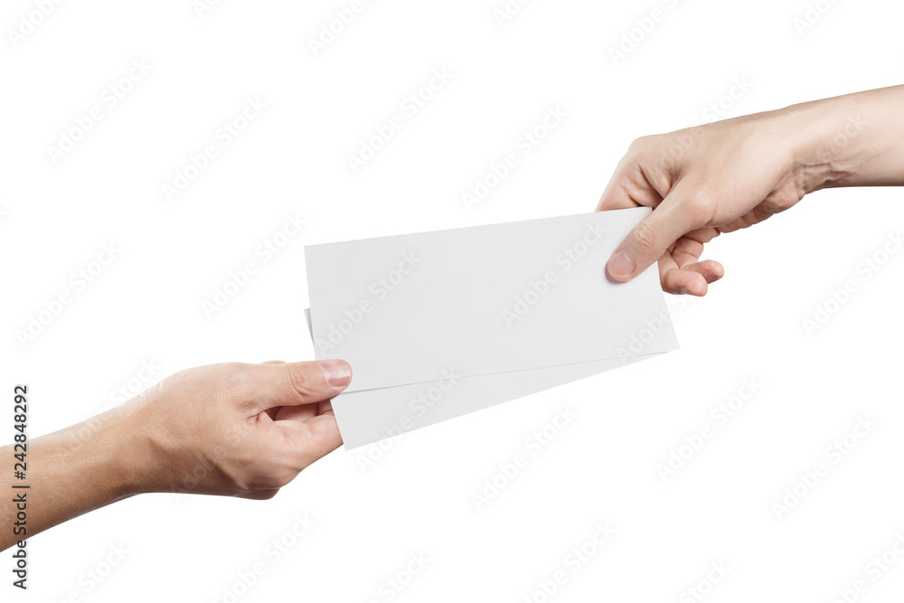 Hand giving two blank sheets of paper (tickets, flyers, invitations, coupons, money, etc.), isolated on white background Hand giving two blank sheets of paper (tickets, flyers, invitations, coupons, money, etc.), isolated on white background