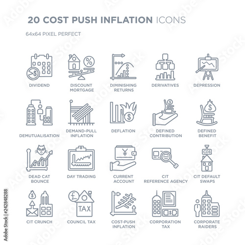 Collection of 20 COST PUSH INFLATION linear icons such as Dividend, Discount mortgage, Cost-push inflation, Council tax line icons with thin line stroke, vector illustration of trendy icon set.