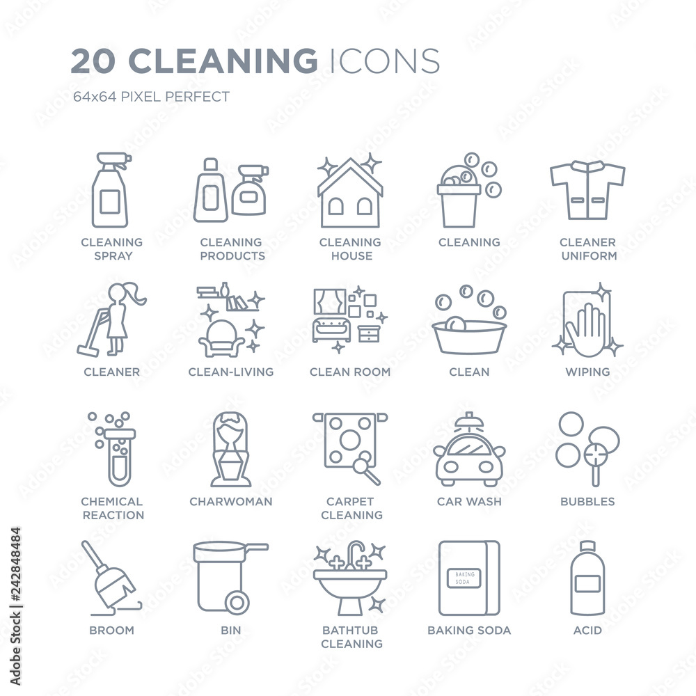Collection of 20 Cleaning linear icons such as spray, products, Bathtub cleaning, Bin, Broom line icons with thin line stroke, vector illustration of trendy icon set.