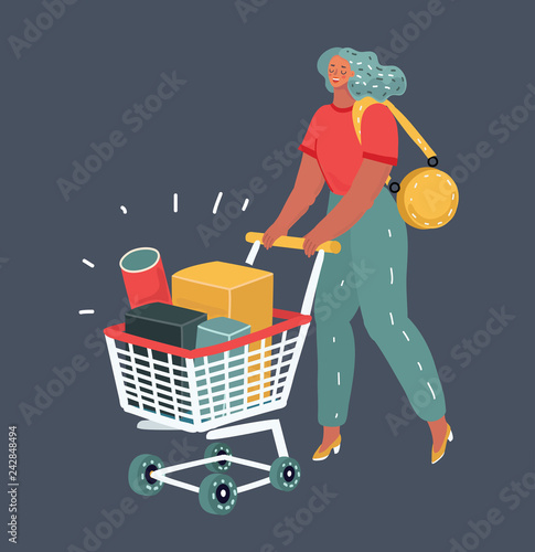 Woman with grocery cart on dark background.