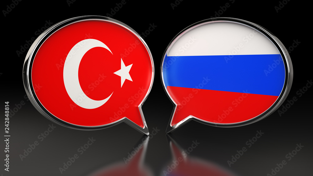 Turkey and Russia flags with Speech Bubbles. 3D illustration Turkey and Russia flags with Speech Bubbles. 3D illustration