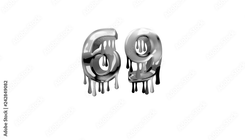 silver dripping number 69 with white background silver dripping number 69 with white background