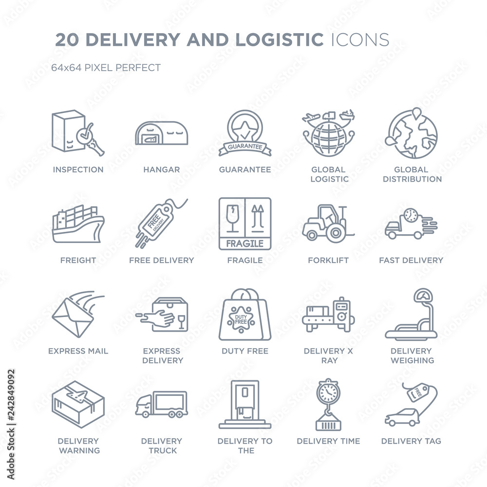 Collection of 20 DELIVERY AND LOGISTIC linear icons such as Inspection, Hangar, delivery to the door, Delivery truck line icons with thin line stroke, vector illustration of trendy icon set.