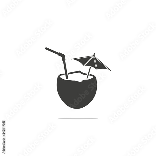 Monochrome vector illustration of coconut cocktail icon with umbrella isolated on white background.