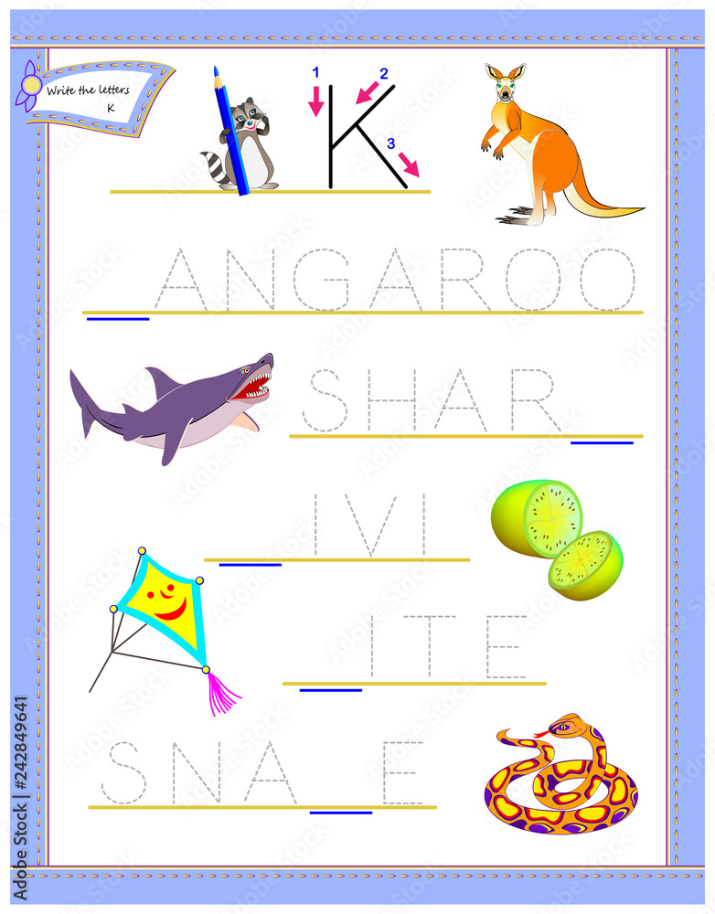 tracing letter k for study english alphabet printable worksheet for kids logic puzzle game education page for kindergarten developing children skills for writing and reading vector cartoon image stock vector adobe