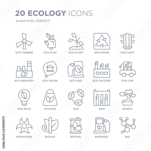 Collection of 20 Ecology linear icons such as eco Turbine, Plug, Biofuel, Biogas, Biohazard, Eco light, Factory,  line icons with thin line stroke, vector illustration of trendy icon set.