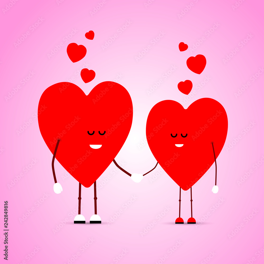 Two beautiful red hearts in love hold hands and dream. Vector eps