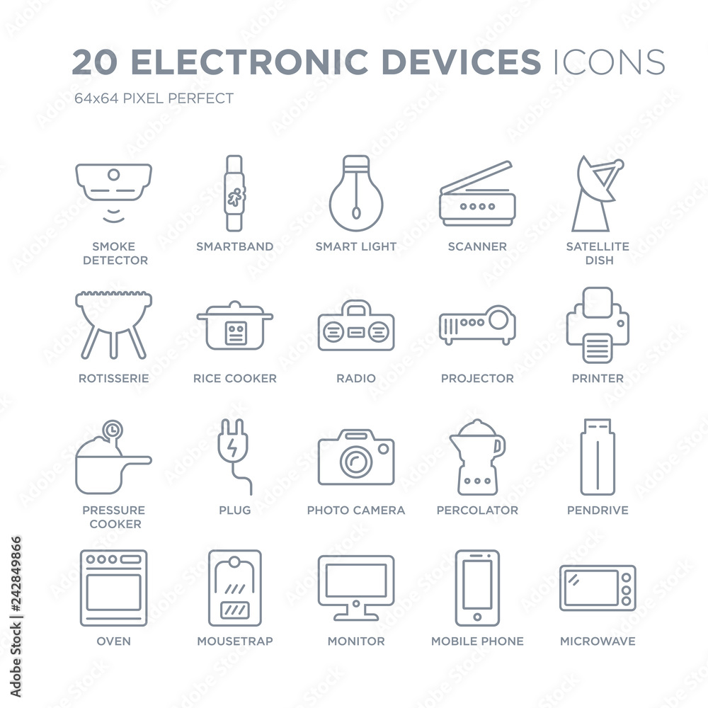 Collection of 20 Electronic devices linear icons such as smoke detector, Smartband, Monitor, mousetrap, Oven, Satellite dish line icons with thin line stroke, vector illustration of trendy icon set.
