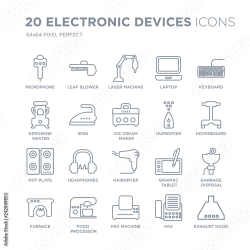 Collection of 20 Electronic devices linear icons such as Microphone, leaf blower, Fax Machine, food processor, furnace line icons with thin line stroke, vector illustration of trendy icon set.