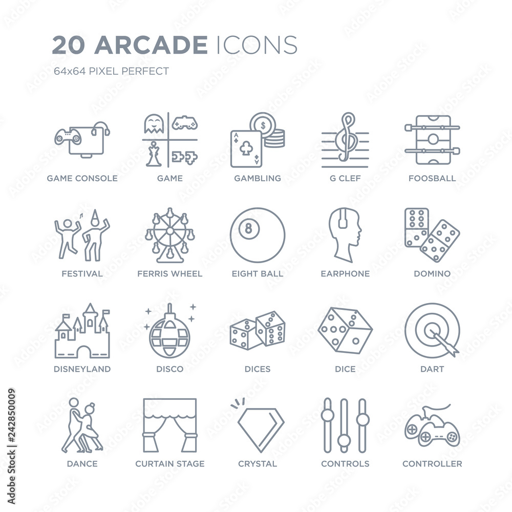 Collection of 20 Arcade linear icons such as Game console, Game, Crystal, curtain stage, dance, Foosball, Earphone, Dices line icons with thin line stroke, vector illustration of trendy icon set.