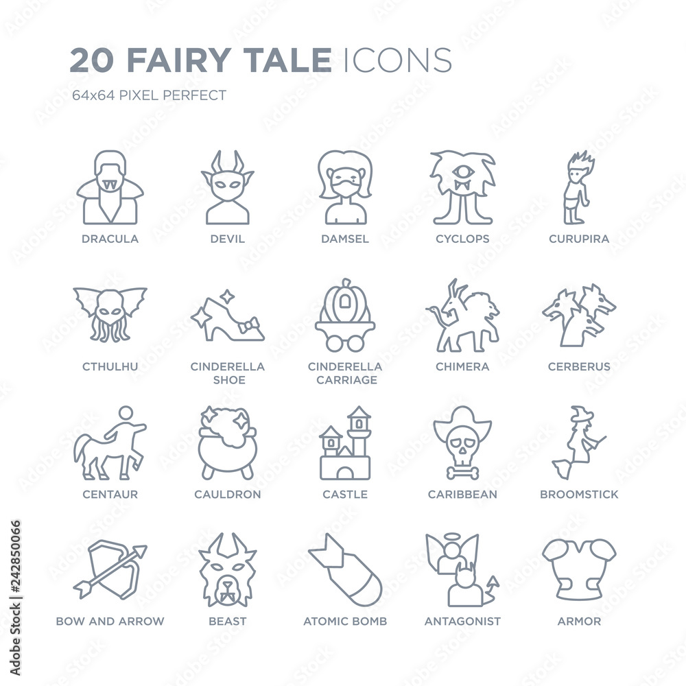 Collection of 20 Fairy Tale linear icons such as Dracula, Devil, Atomic bomb, beast, Bow and arrow, Curupira, Chimera, Castle line icons with thin line stroke, vector illustration of trendy icon set.