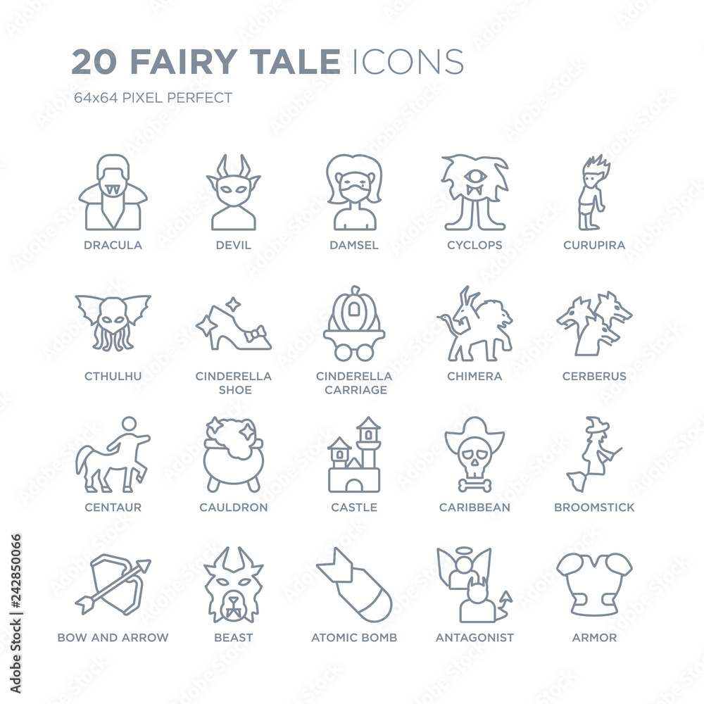Collection of 20 Fairy Tale linear icons such as Dracula, Devil, Atomic bomb, beast, Bow and arrow, Curupira, Chimera, Castle line icons with thin line stroke, vector illustration of trendy icon set. Collection of 20 Fairy Tale linear icons such as Dracula, Devil, Atomic bomb, beast, Bow and arrow, Curupira, Chimera, Castle line icons with thin line stroke, vector illustration of trendy icon set.