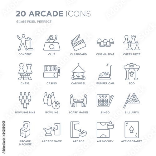 Collection of 20 Arcade linear icons such as Concert, Club, Arcade, game, Machine, Chess piece, Bumper car line icons with thin line stroke, vector illustration of trendy icon set.