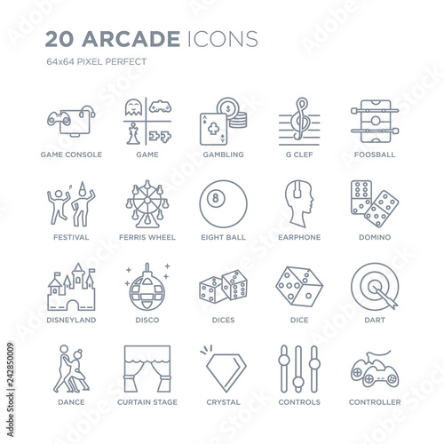 Collection of 20 Arcade linear icons such as Game console  Game  Crystal  curtain stage  dance  Foosball  Earphone  Dices line icons with thin line stroke  vector illustration of trendy icon set.