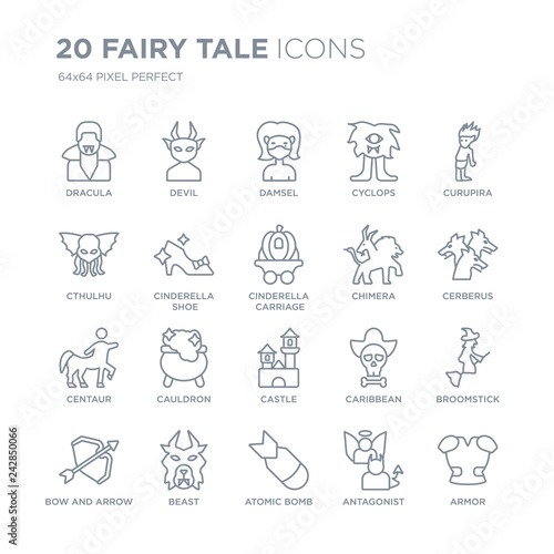 Collection of 20 Fairy Tale linear icons such as Dracula  Devil  Atomic bomb  beast  Bow and arrow  Curupira  Chimera  Castle line icons with thin line stroke  vector illustration of trendy icon set.